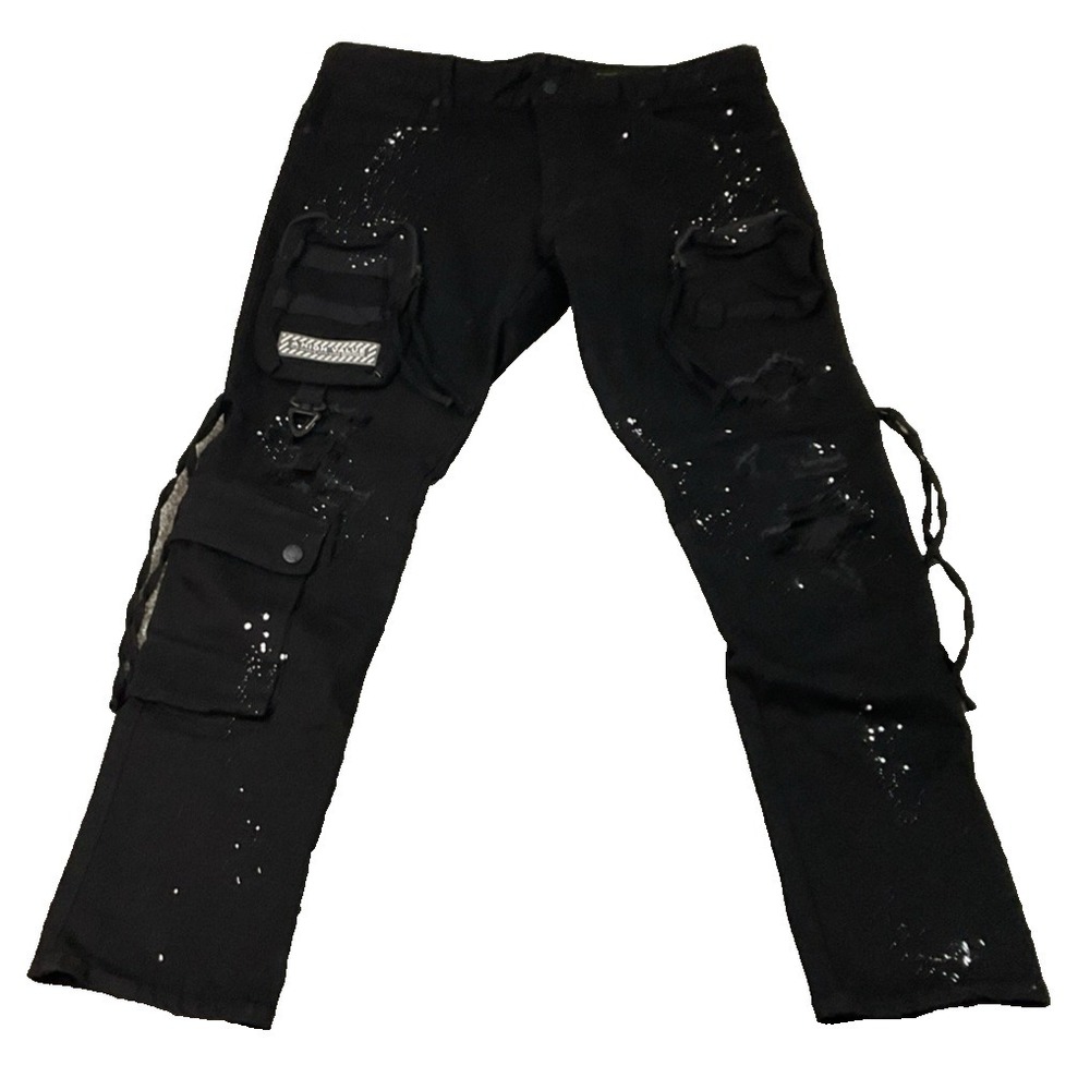 Smoke Rise Jeans 38x31 Black Cargo‎ Distressed Paint Splatter Heavy Moto